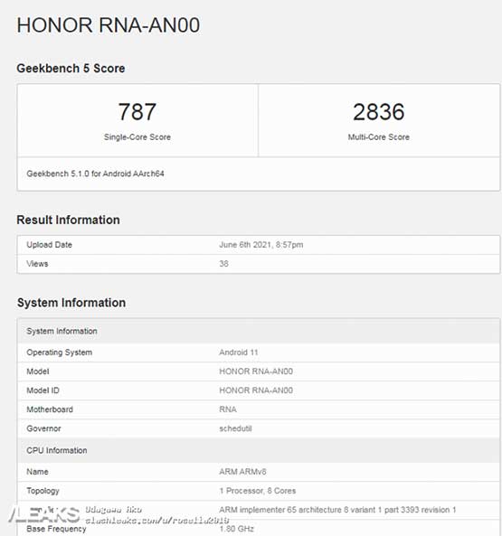Honor 50 series phone or Honor RNA-AN00 Geekbench benchmark scores via Revu Philippines