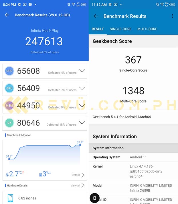 Infinix Hot 10S Antutu and Geekbench benchmark scores via Revu Philippines