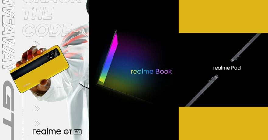 Realme GT 5G phone, Realme Book laptop, and Realme Pad tablet via Revu Philippines