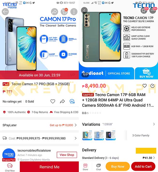 Tecno Camon 17 Pro and tecno Camon 17P price and specs spotted on Shopee and Lazada via Revu Philippines