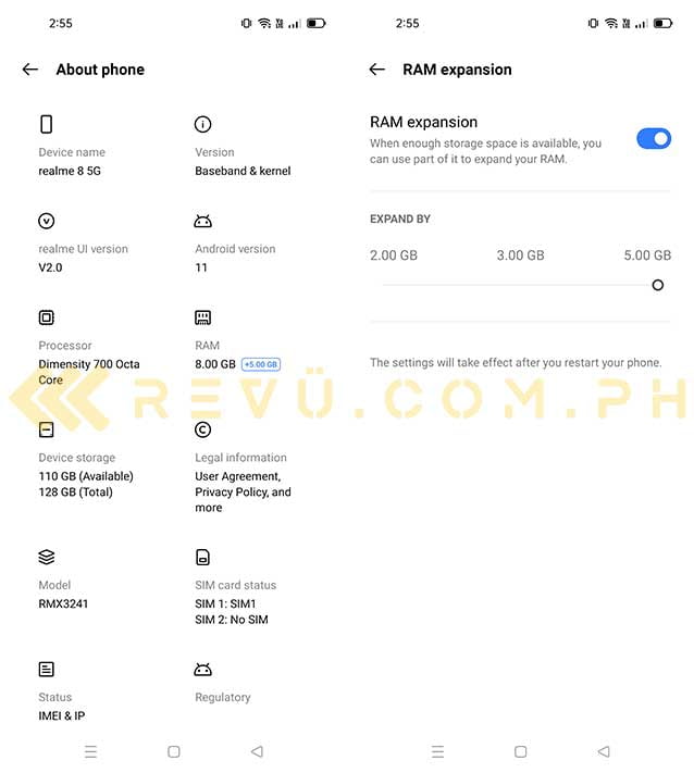 Realme 8 5G virtual RAM expansion via Revu Philippines
