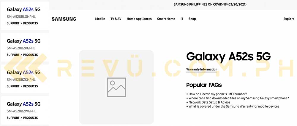 Samsung Galaxy A52s 5G Philippine support page via Revu Philippines