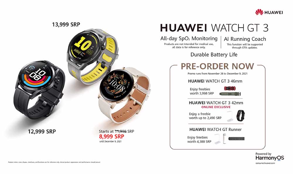 Huawei Watch GT 3 and Huawei Watch GT Runner price and preorder period and freebies via Revu Philippines