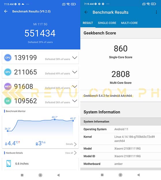 Xiaomi 11T Antutu and Geekbench benchmark scores via Revu Philippines