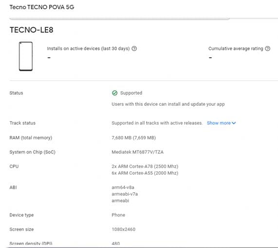 Tecno Pova 5G key specs and front design on Google Play Console via Revu Philippines