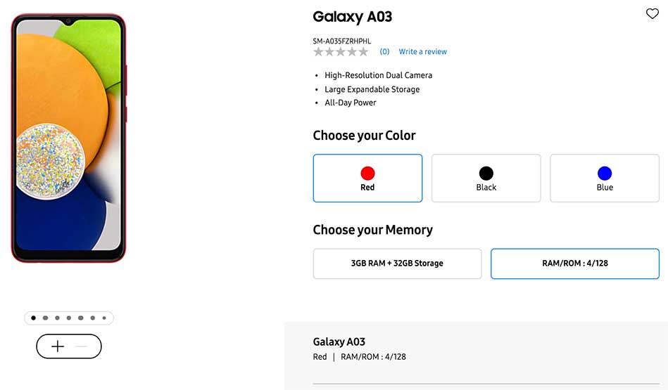 Samsung Galaxy A03 listing on Samsung Philippines online store spotted by Revu Philippines