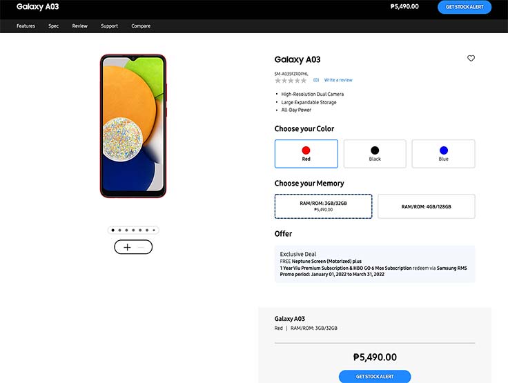Samsung Galaxy A03 price and specs spotted on Samsung site via Revu Philippines