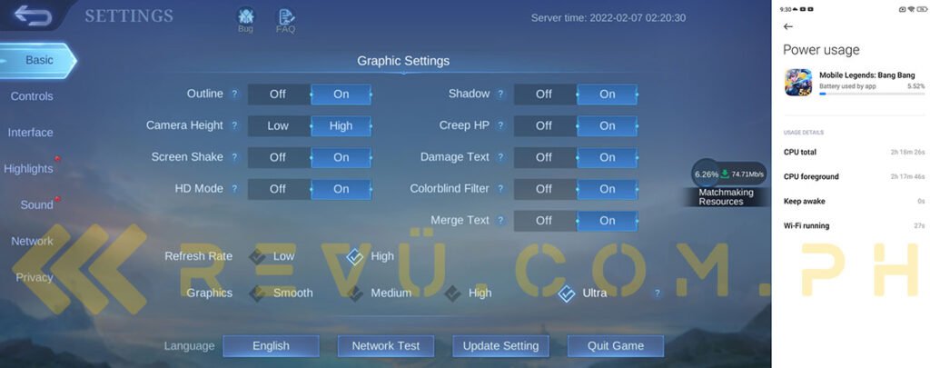 Redmi Note 11 Mobile Legends Bang Bang graphics settings and power usage via Revu Philippines