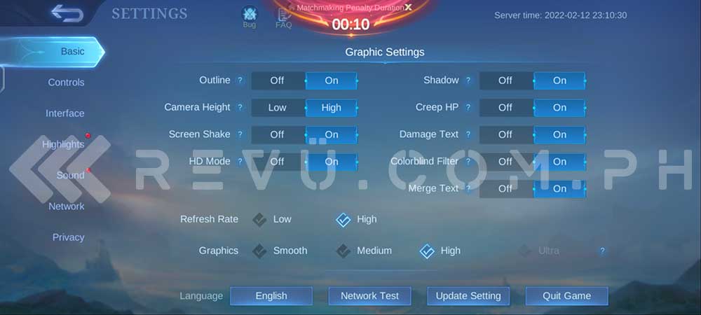 Vivo V23 5G Mobile Legends graphics settings options via Revu Philippines