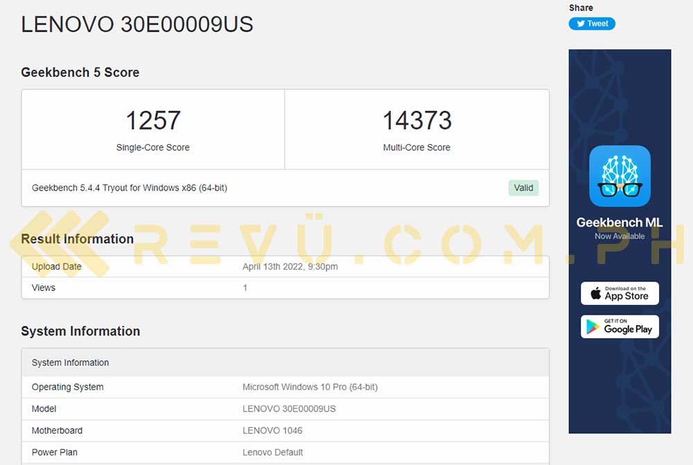 Lenovo ThinkStation P620 Geekbench 5 benchmark score via Revu Philippines