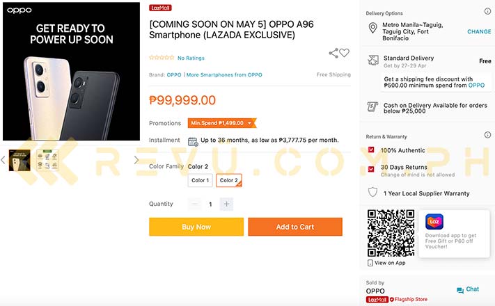 Updated OPPO A96 listing on Lazada spotted by Revu Philippines