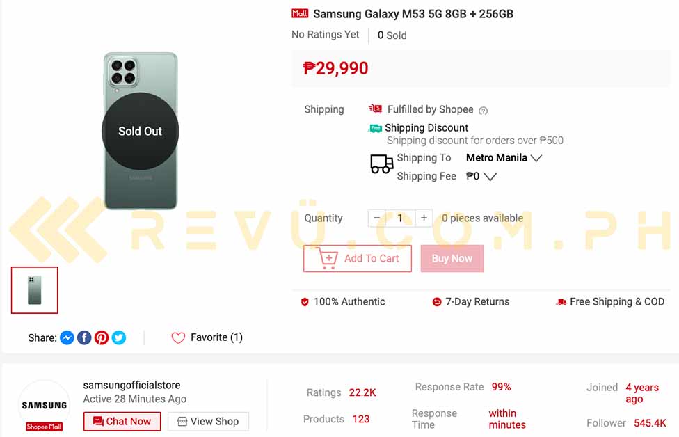 Samsung Galaxy M53 5G listing Revu Philippines spotted on Shopee