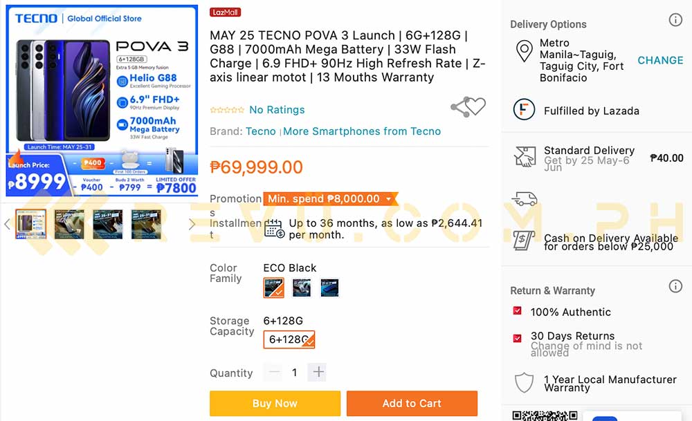 Tecno POVA 3 launch price and freebie offer on Lazada via Revu Philippines