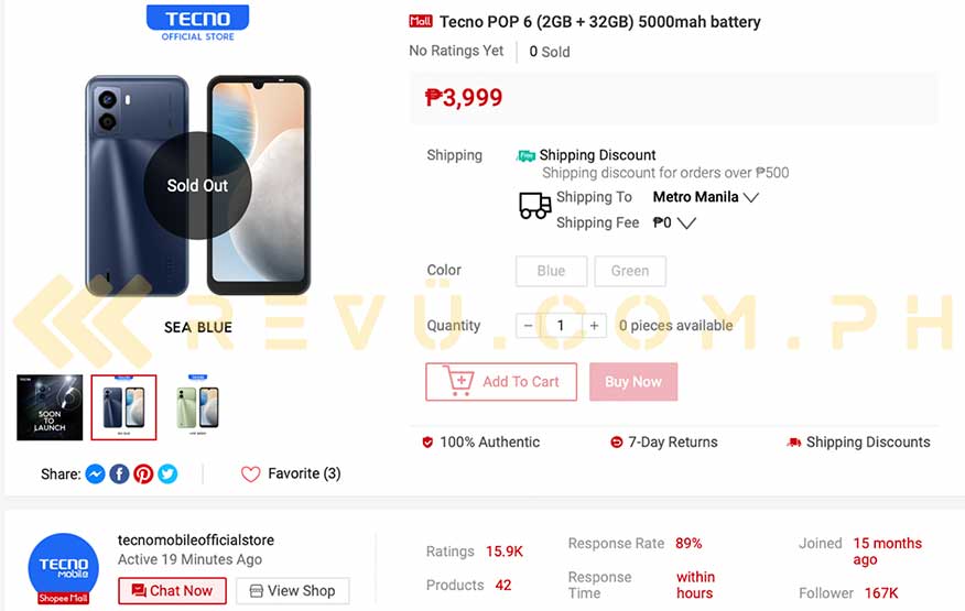 Tecno POP 6 spotted in Philippines by Revu