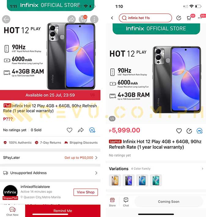 Infinix Hot 12 Play listings on Shopee and Lazada exclusively spotted by Revu Philippines