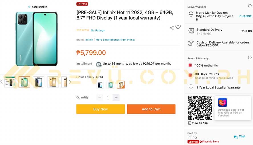 Infinix Hot 11 2022 listing on Lazada as spotted by Revu Philippines