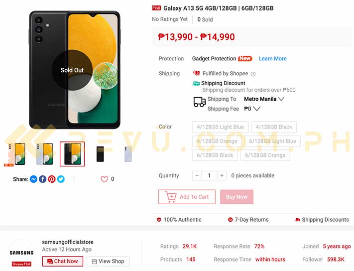 Samsung Galaxy A13 5G prices spotted on Shopee via Revu Philippines