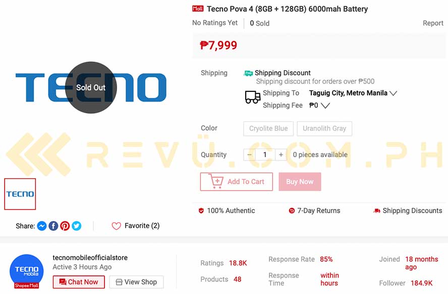 Tecno POVA 4 price and store listing spotted by Revu Philippines