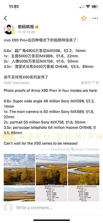 Vivo X90 Pro Plus camera sensors leak via Revu Philippines