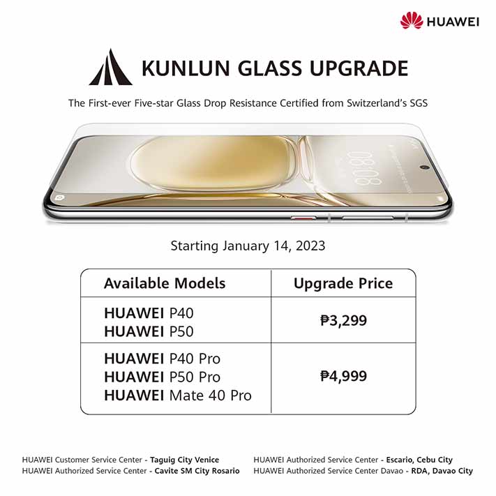 Huawei phones that are eligible for Kunlun glass display upgrade and price via Revu Philippines