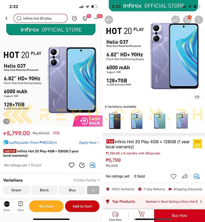 Infinix HOT 20 Play price spotted on Lazada and Shopee via Revu Philippines