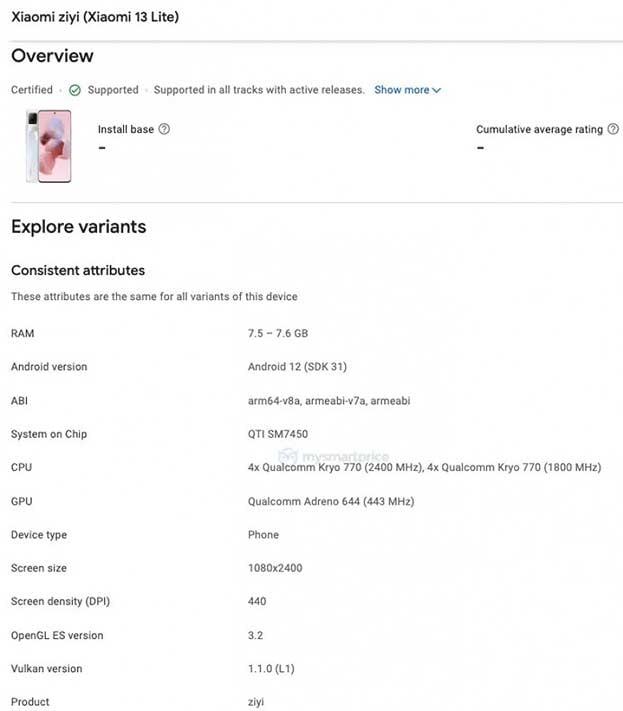 Xiaomi 13 Lite listing with key specs on Google Play Console via Revu Philippines