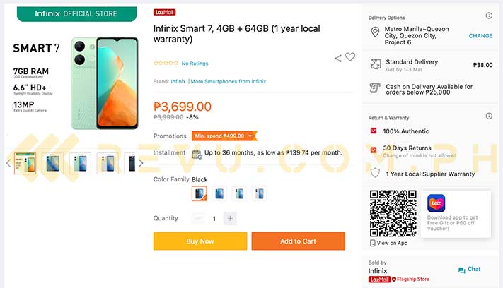 Infinix Smart 7 price listing on Lazada via Revu Philippines