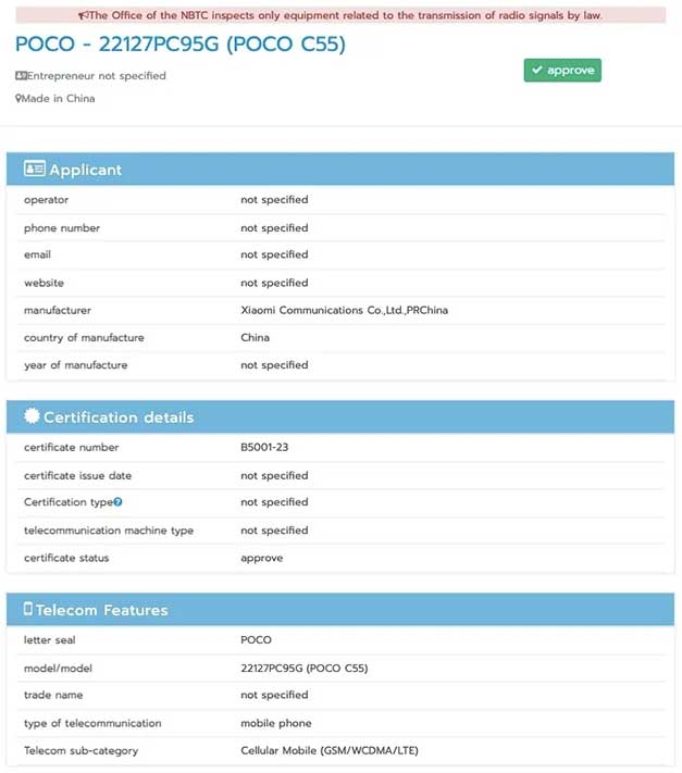 POCO C55 spotted on NBTC certification site via Revu Philippines