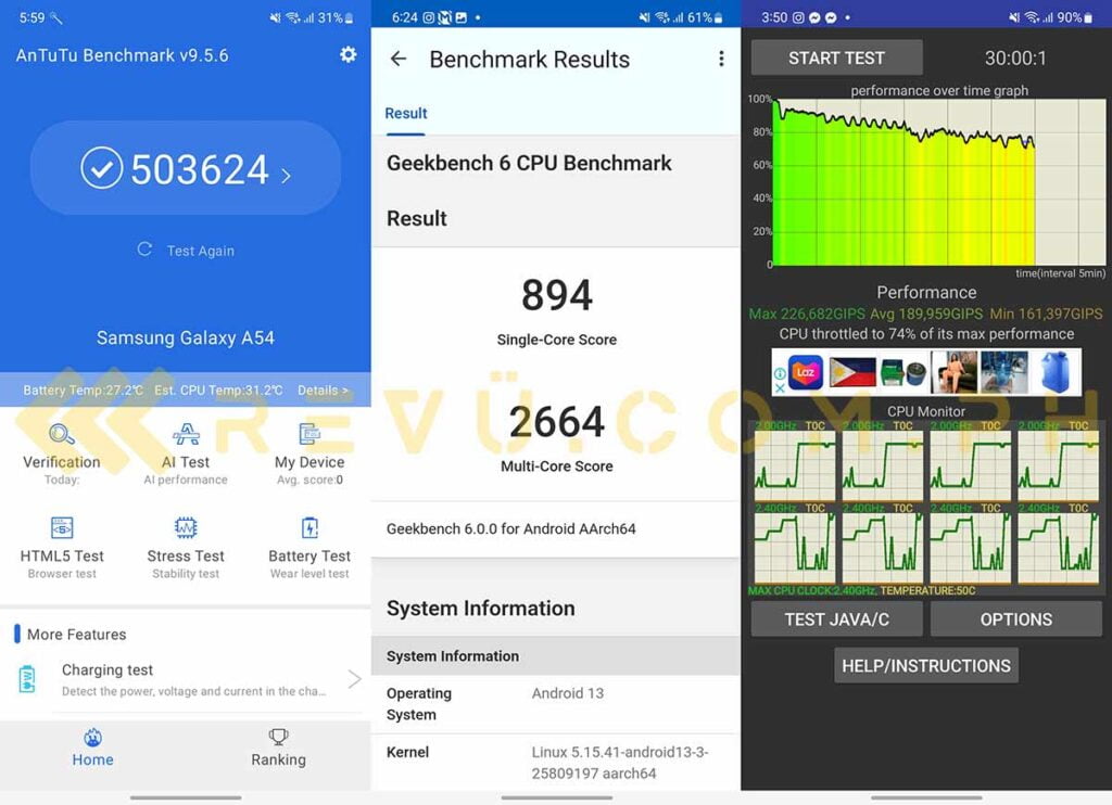 Samsung Galaxy A54 5G benchmark scores via Revu Philippines