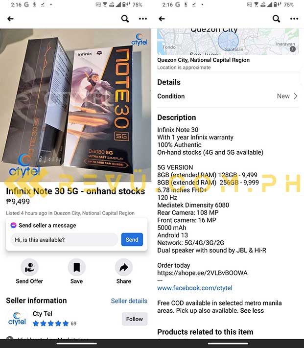 Infinix Note 30 5G price and specs spotted by Revu Philippines