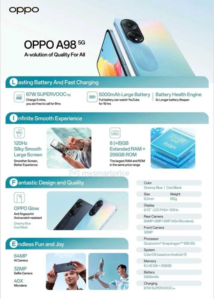OPPO A98 5G specs and design shown in leaked poster via Revu Philippines