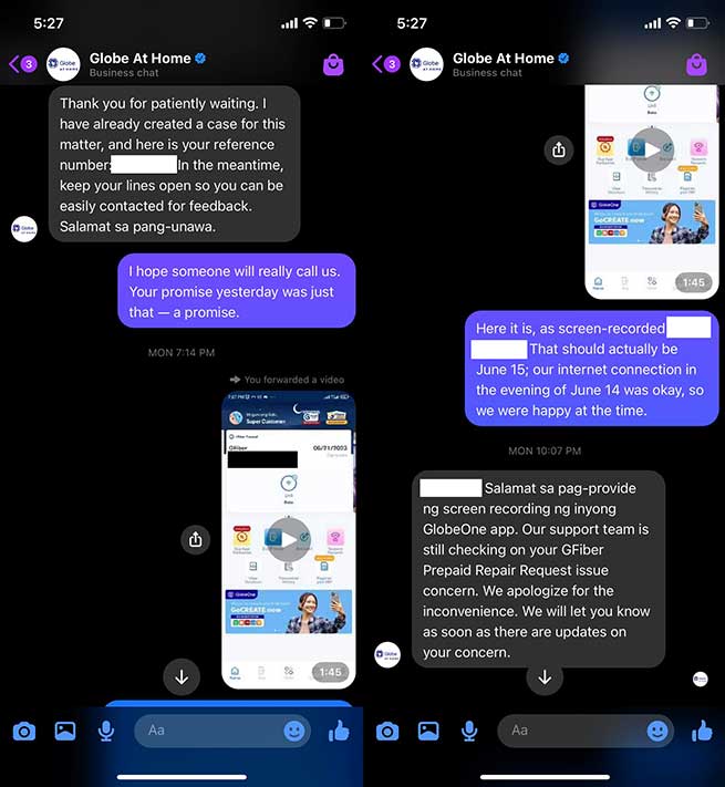 Chat with Globe At Home about GFiber Prepaid internet problem by Revu Philippines