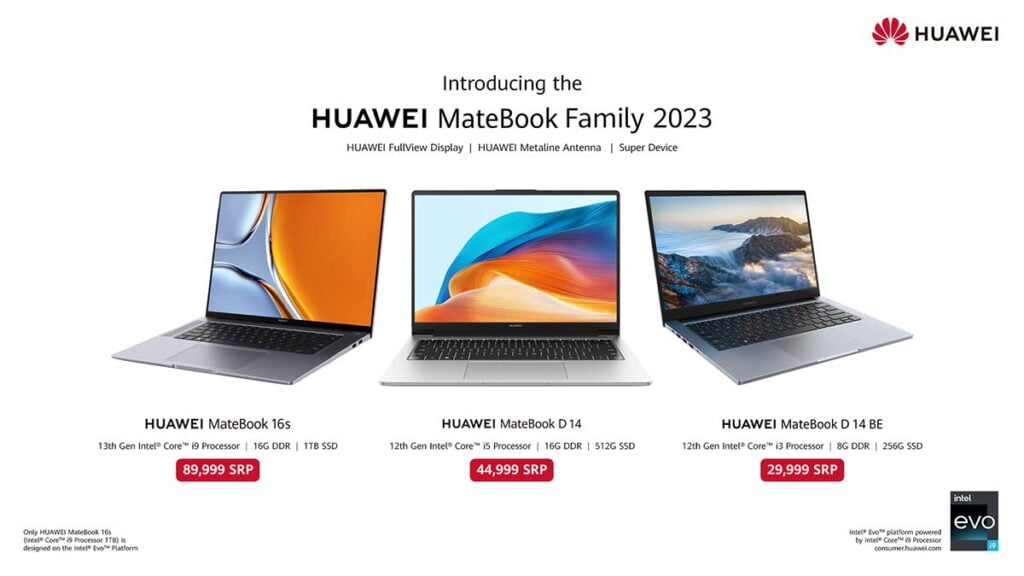 Huawei MateBook 16s and MateBook D 14 and MateBook D 14 BE price and key specs via Revu Philippines