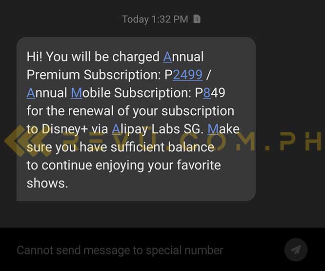 Notification of Disney Plus subscription renewal via Alipay and Gcash via Revu Philippines