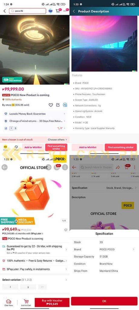 Likely POCO F7 series listings on Lazada and Shopee via Revu Philippines