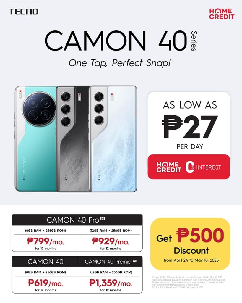 TECNO CAMON 40 Series Home Credit installment plans or offers via Revu Philippines