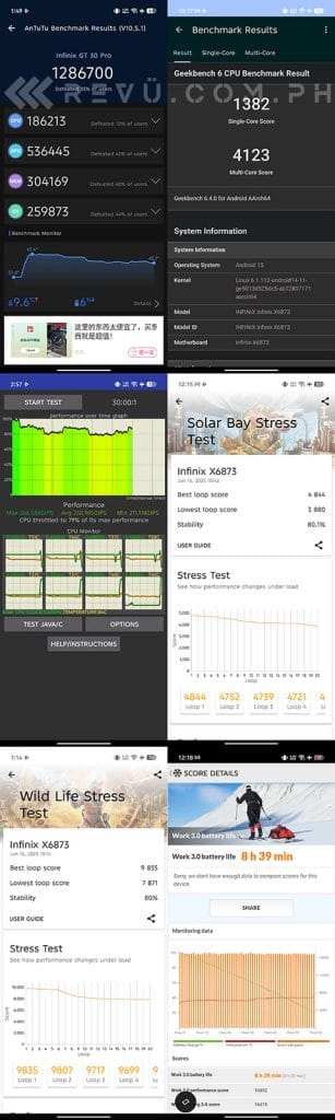 Infinix GT 30 Pro benchmark scores and battery life test results via Revu Philippines