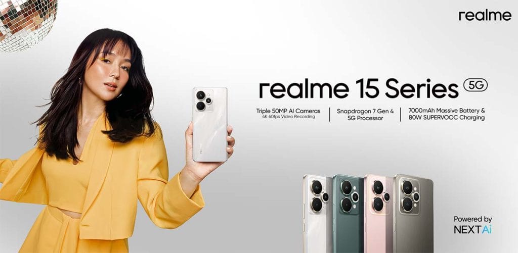 realme 15 Series 5G key features or specs and brand ambassador Kathryn Bernardo via Revu Philippines