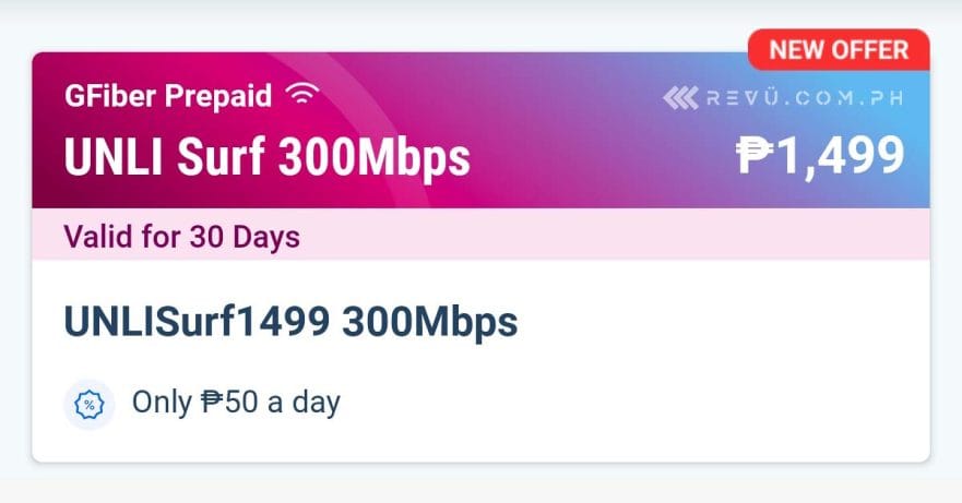 Globe GFiber Prepaid Internet UNLI Surf 300Mbps price via Revu Philippines