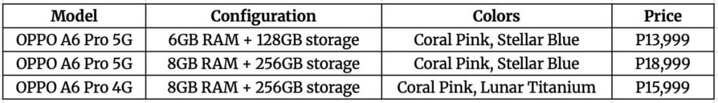 OPPO A6 Pro 4G and OPPO A6 Pro 5G prices and memory configurations and colors via Revu Philippines
