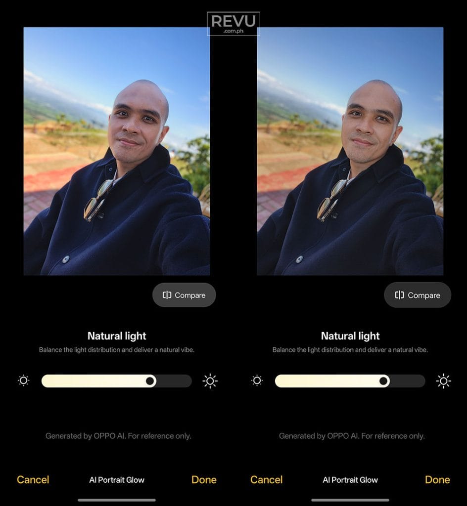 OPPO Reno15 Pro 5G AI Portrait Glow enabled vs turned off comparison via REVU Philippines